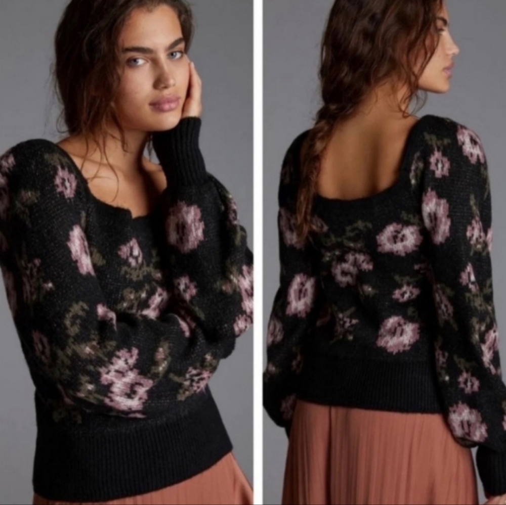 Black Floral Square Neck Sweater